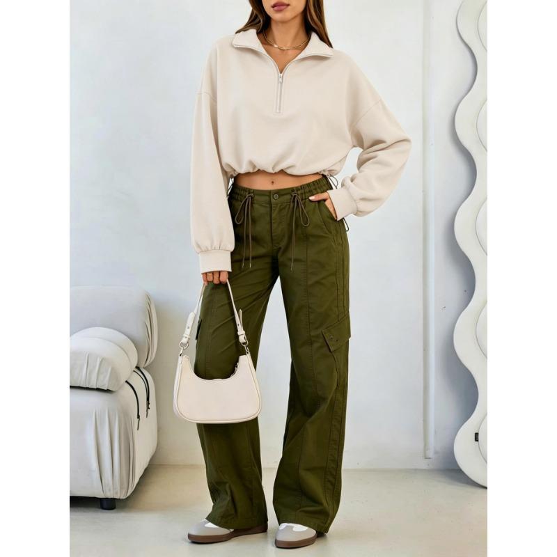 Women S Half Zip Long Sleeve Cropped Sweatshirt With Drawstring Y2k Style