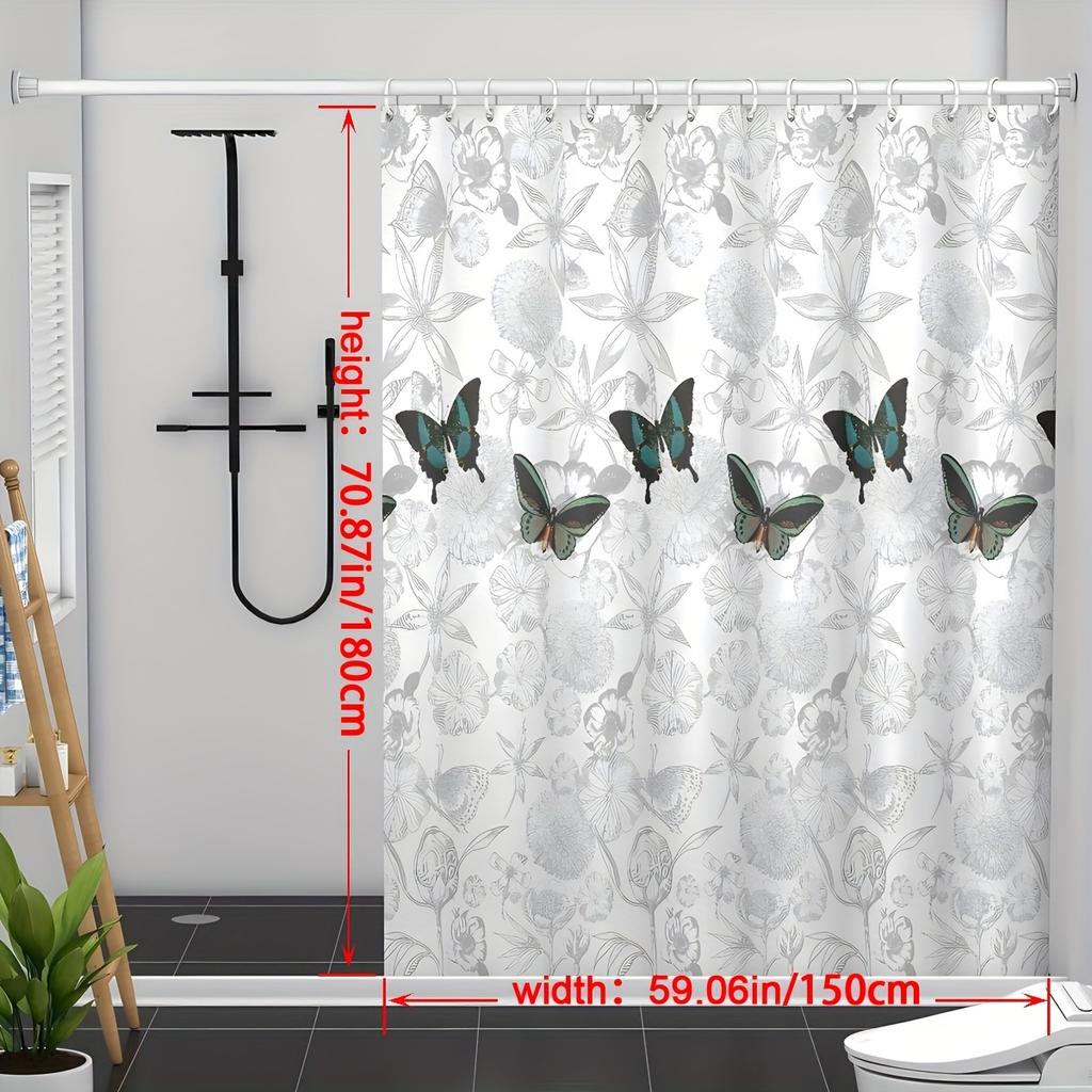 1x Butterfly and Floral Print Polyester Shower Curtain - Thick and Warm Bathroom Decor with Hooks, Machine Washable
