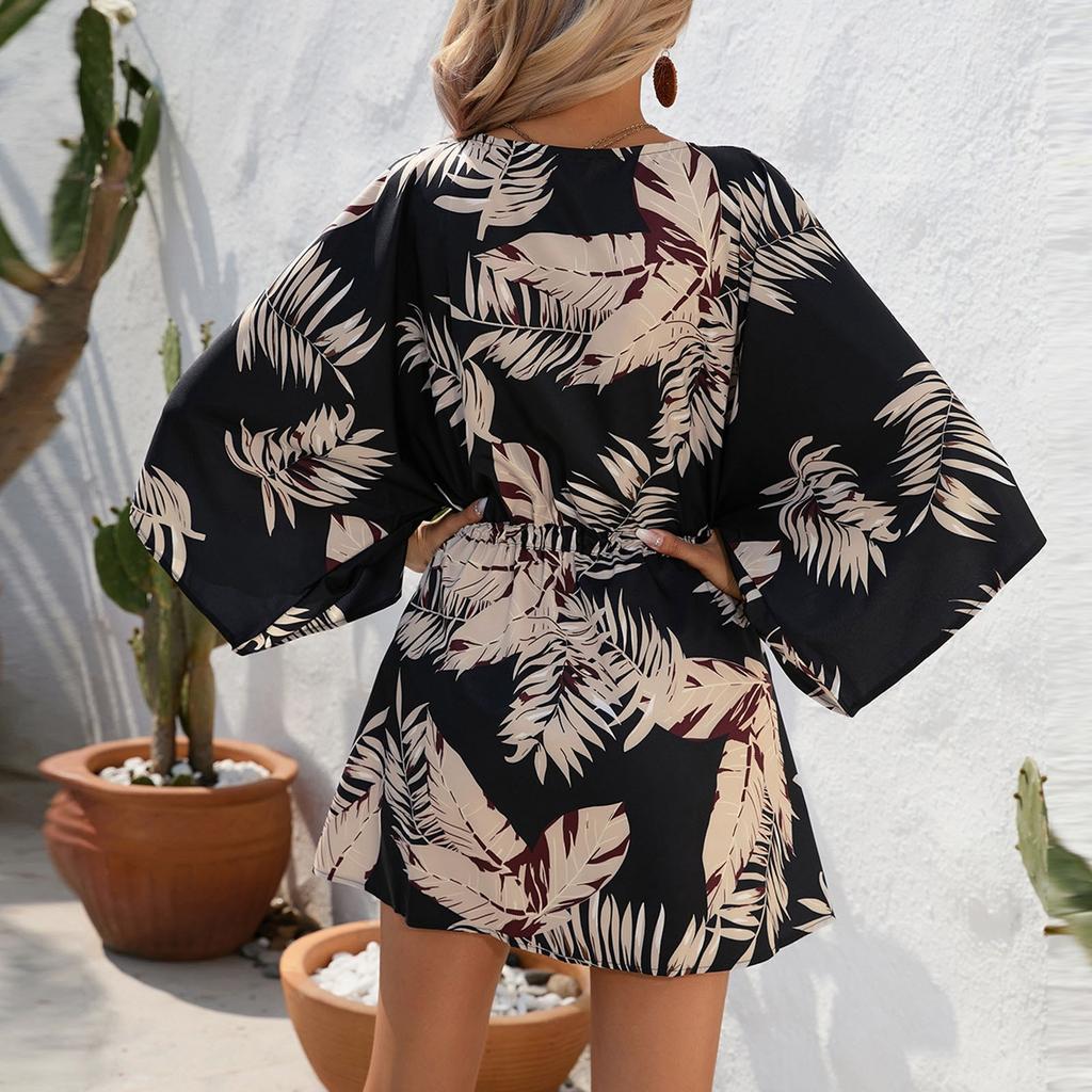 Women's Summer Leaf Print Half Sleeve Dress