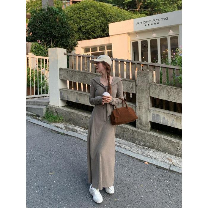

Pure desire gentle temperament splicing lace-up long-sleeved knitted dress women s early autumn new waist and thin long dress women s clothing XL