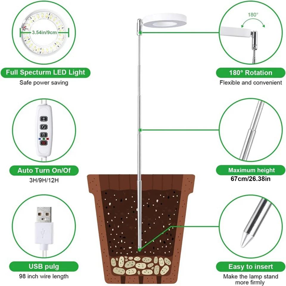 Full Spectrum LED Grow Light Adjustable Height Timer 4-Level Dimming USB Powered for Indoor Plants Perfect for Small Plant Care