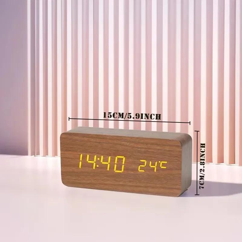 Luminous Wooden Clock Digital Alarm LED Display Electronic Rectangle Desk Table Clocks Temperature Timer Multi Function Eco