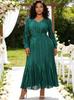 Plus-Size Luxury Pleated Dress with Embroidered Beads and Sequins, Round Neck, Long Sleeves, Solid Color