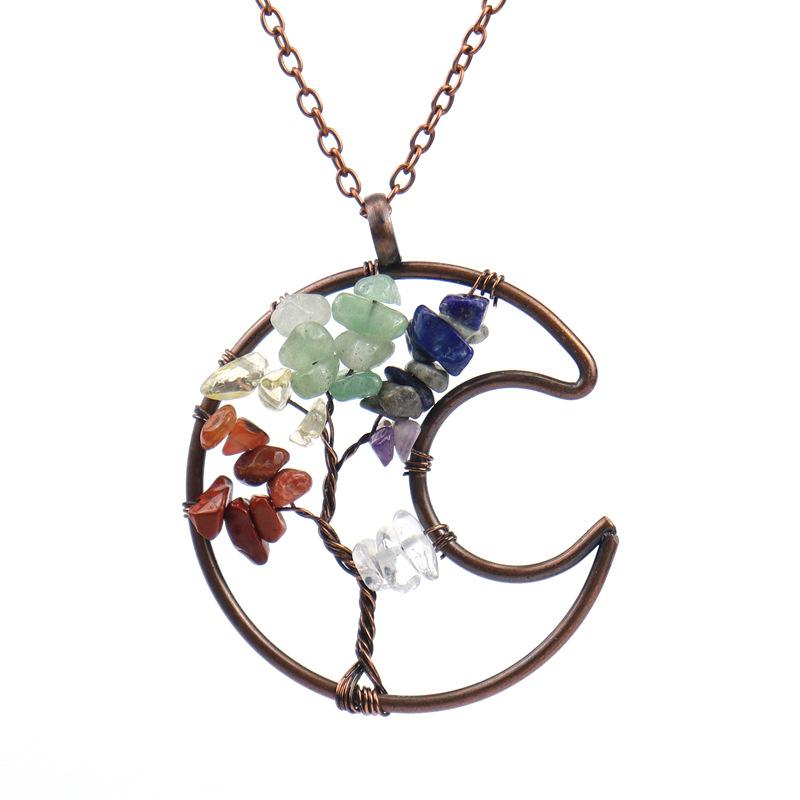 Vintage Handmade Wrapped Moon Tree Of Life Necklace Gravel Crystal Pendant N109