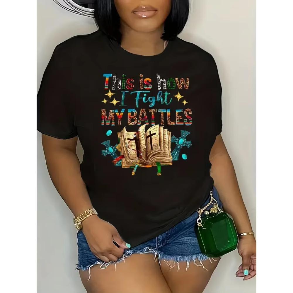 Plus Size Casual T-shirt Women's Plus Book & Cross & Slogan Print Short Sleeve Crew Neck Medium Stretch T-shirt