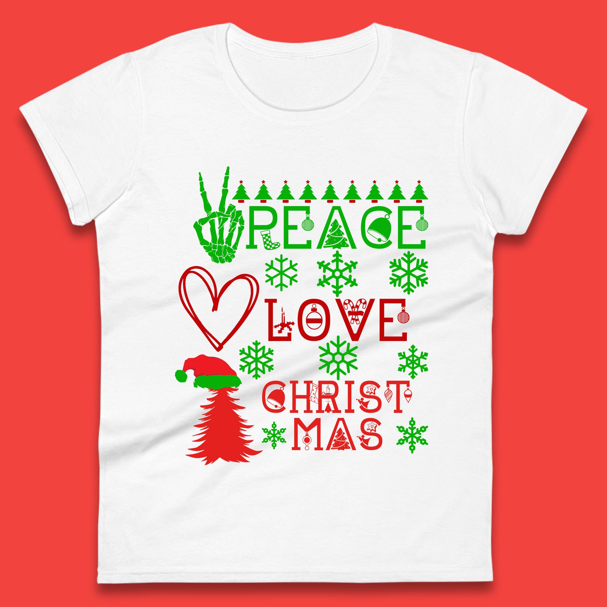 

Peace Love Christmas Womens T Shirt Mens Tops Tees Unisex Christmas Santa Hat Top 2XL