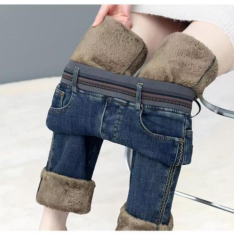 Women's High Waist Velvet-Lined Denim Flare Pants – Warm, Elastic, Slimming & Trendy