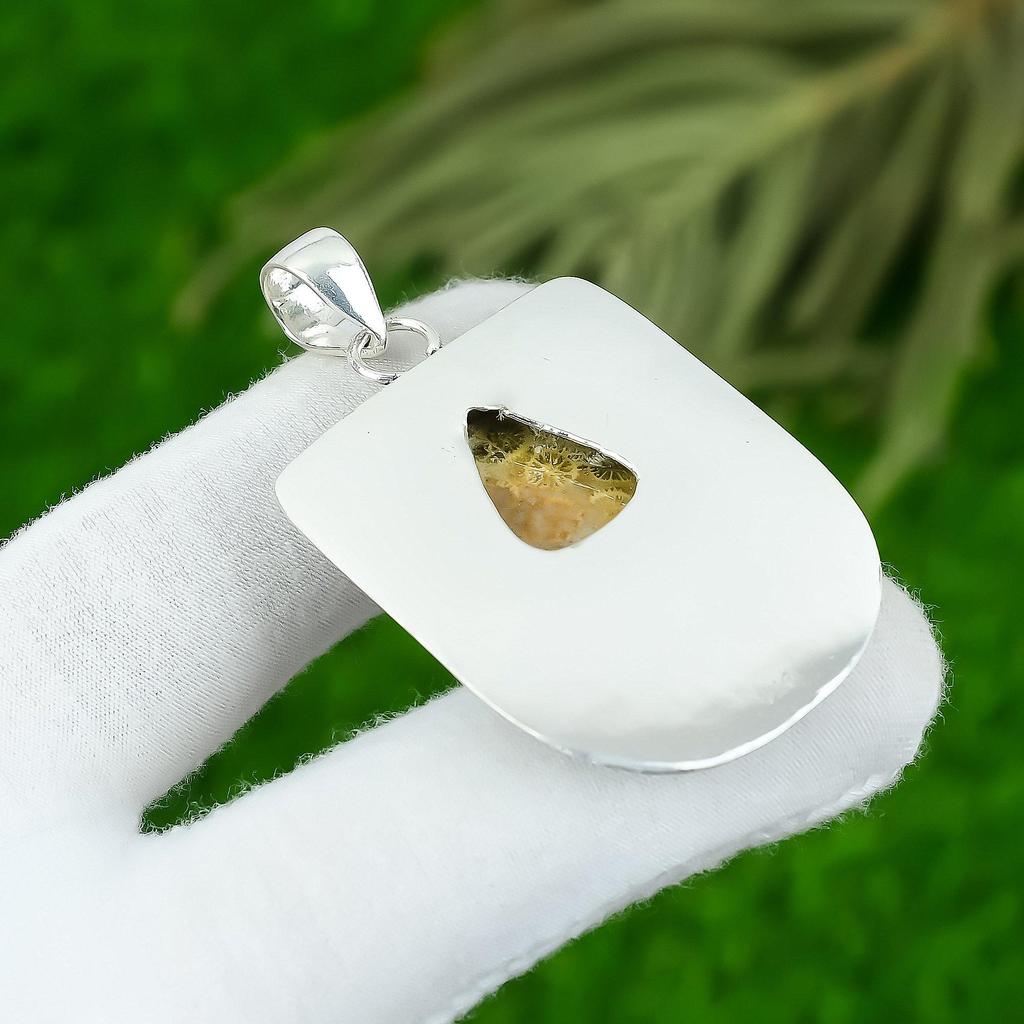 Natural Fossil Coral Gemstone Pendant 925 Sterling Silver Indian Jewelry