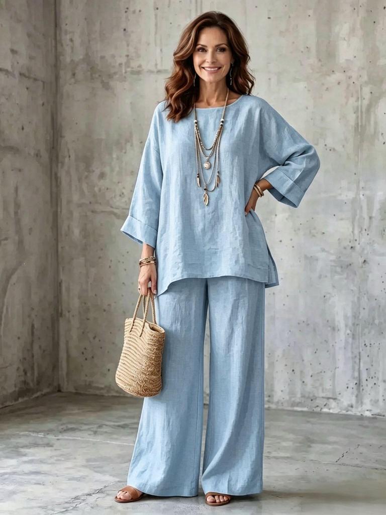 European & American Style Women's Cotton Linen Blend Shirt and Wide Leg Pants Set