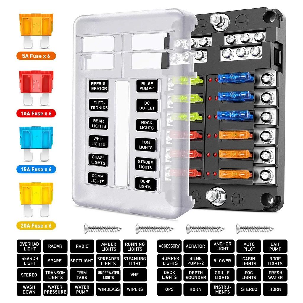 Fuse Box 6 Way Blade Fuse Block Holder Waterproof M5 Stud With LED Indicator Light For Auto Car Boat Turck Marine 12V 32V Amagi