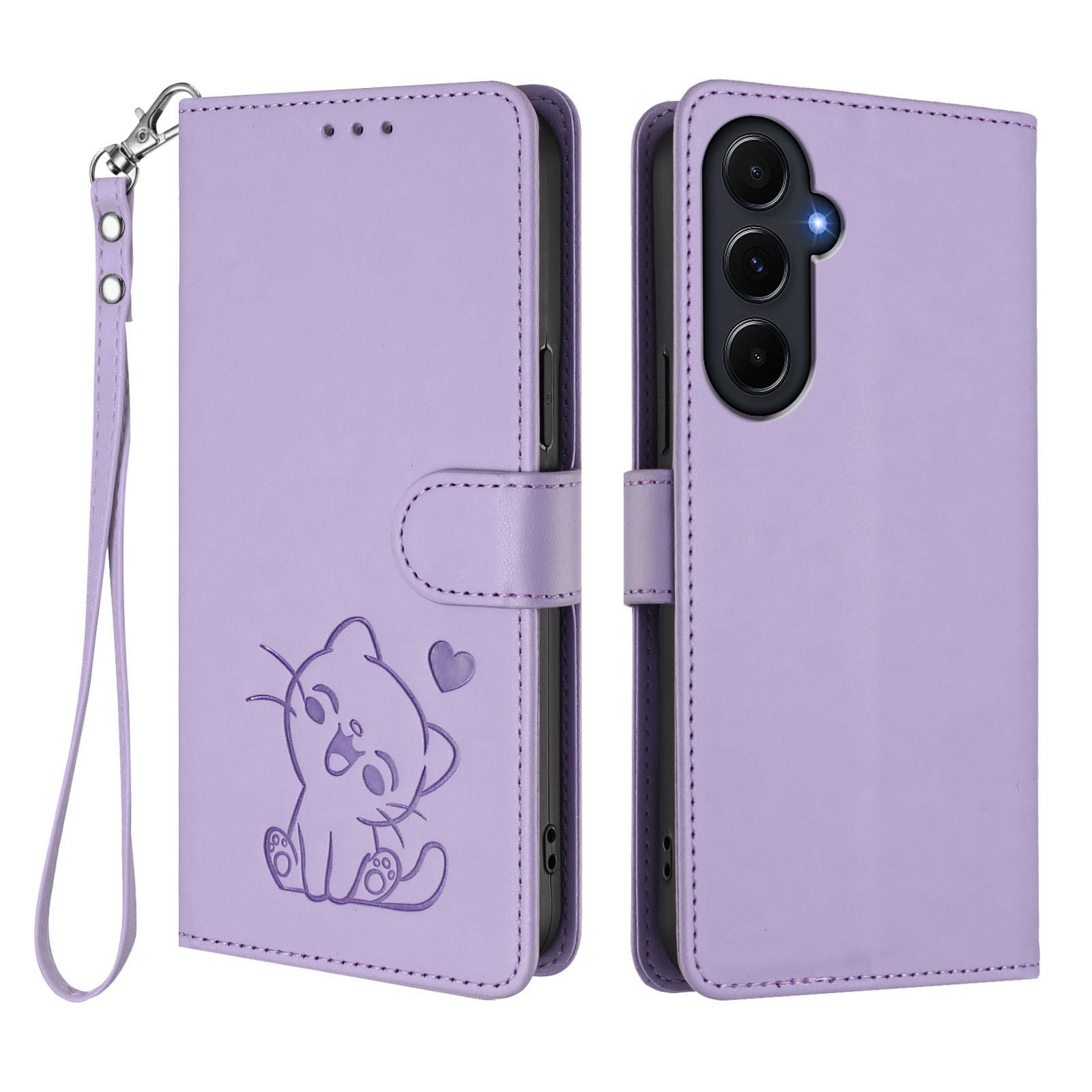 

For Samsung Galaxy A55 5G Wallet Case with Wrist Strap Love Cat Pattern Imprint Leather Phone Cover F