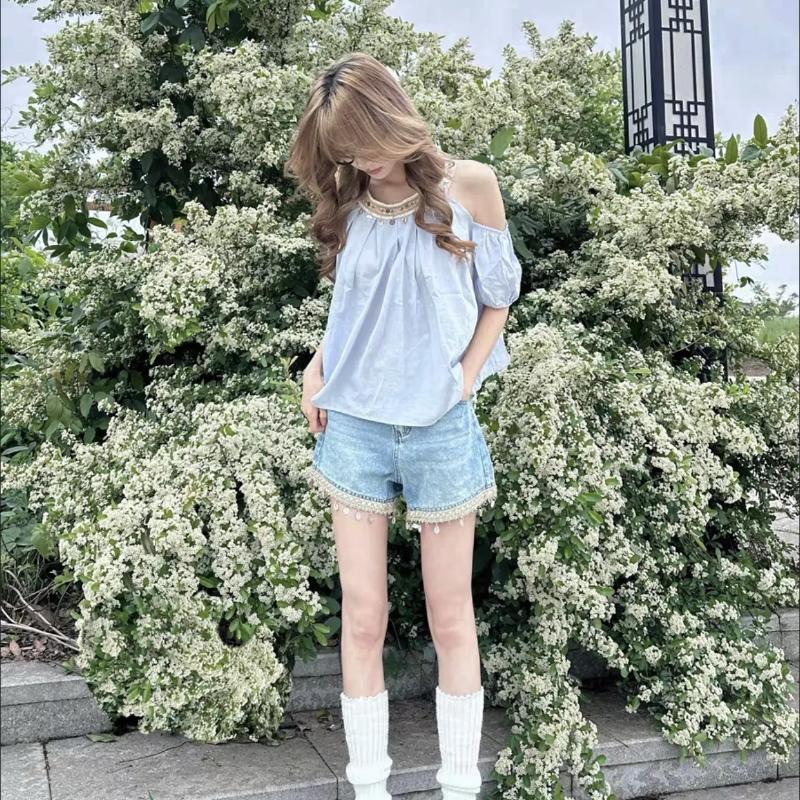 Beach Holiday Blue Blouse Women Off Shoulder Loose Top with Beads Round Neck