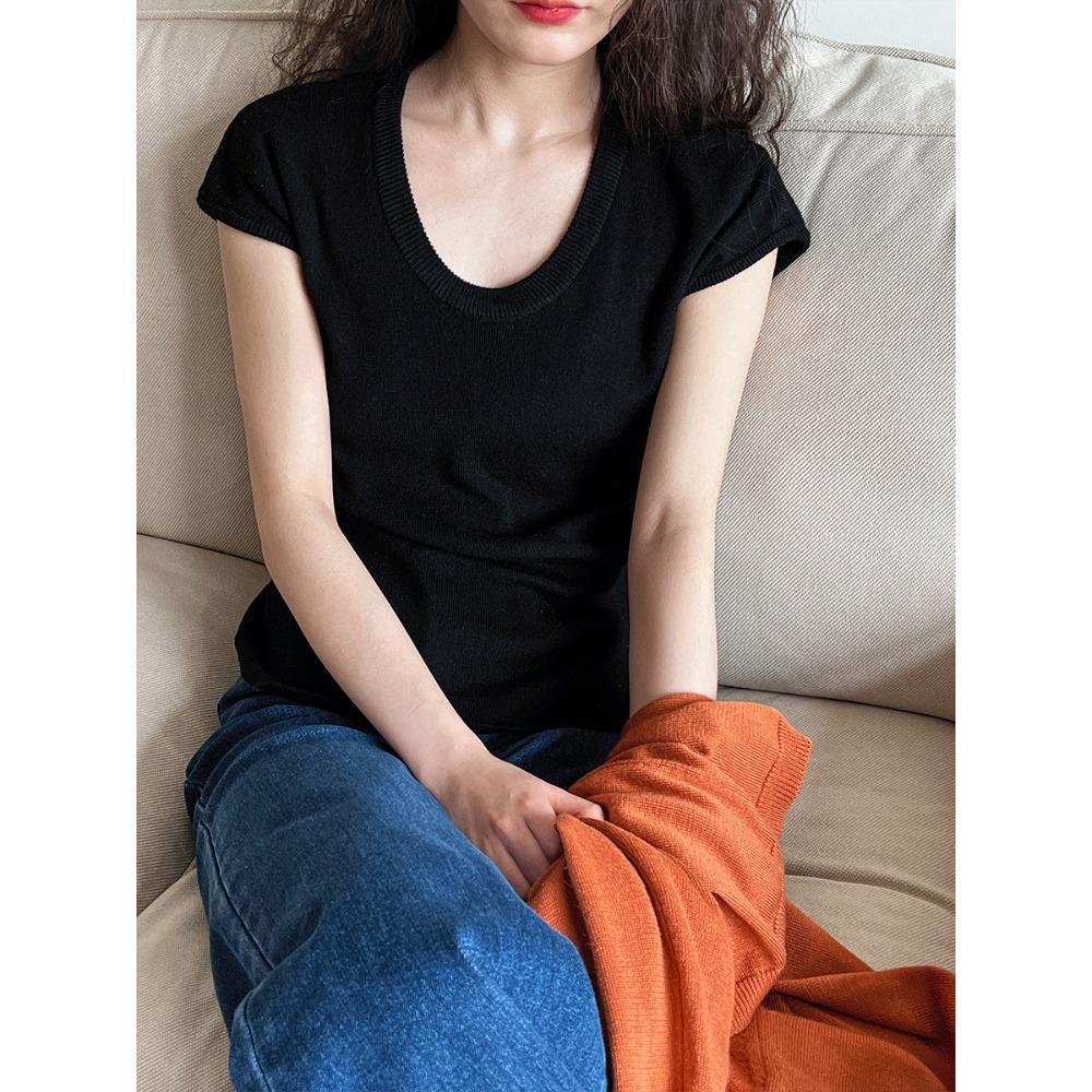 Футболка с коротким рукавом Xiao Fei Sleeve для женщин, весна-лето, простая, с низом M чёрный