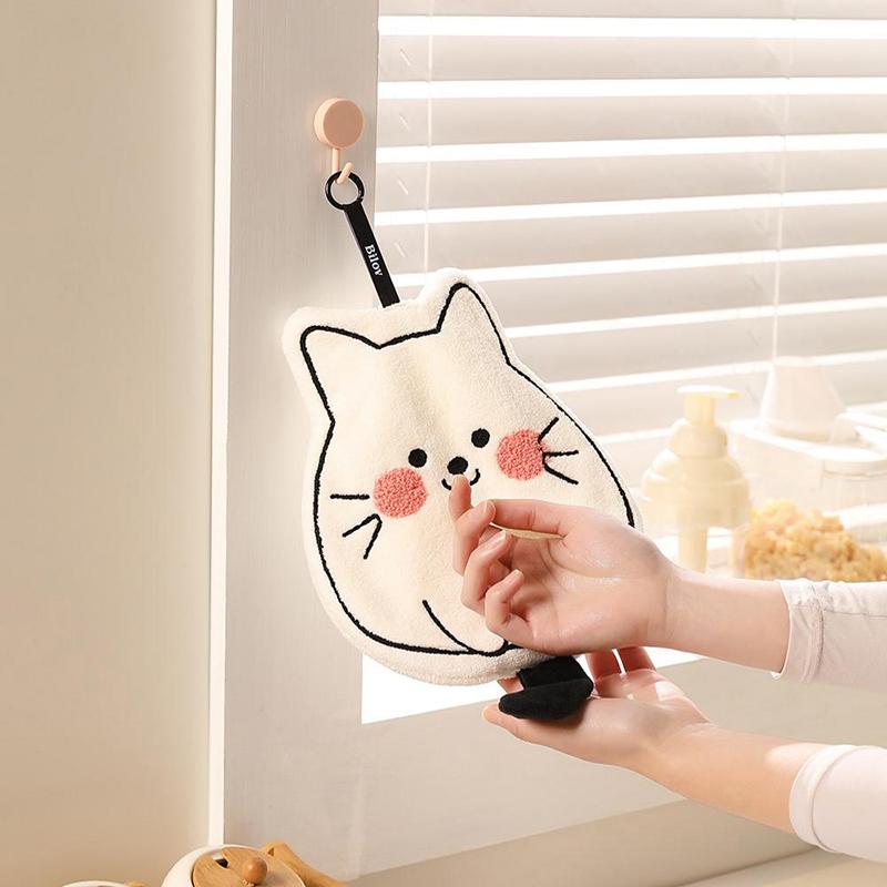 1Pcs Cute Cat Coral Fleece Hanging Towel Kitchen Hand Towel Bathroom Soft Absorbent Handkerchief Wipe Towel Cartoon Kids Towels