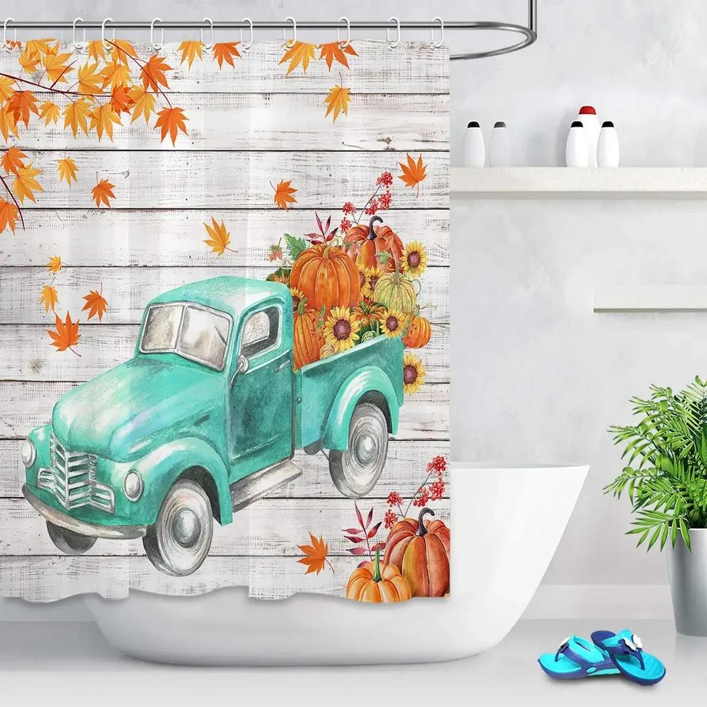 Autumn Fall Shower Curtains Brown with Thanksgiving Harvest Pumpkin Bathroom Curtain for Halloween Party Home Decor with Hooks