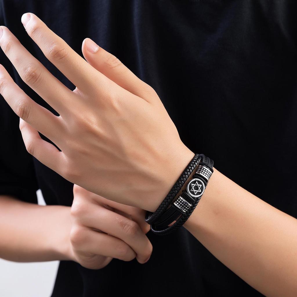 Men's Multi-layer Leather Bracelet with Magnetic Clasp & Hexagram Charm