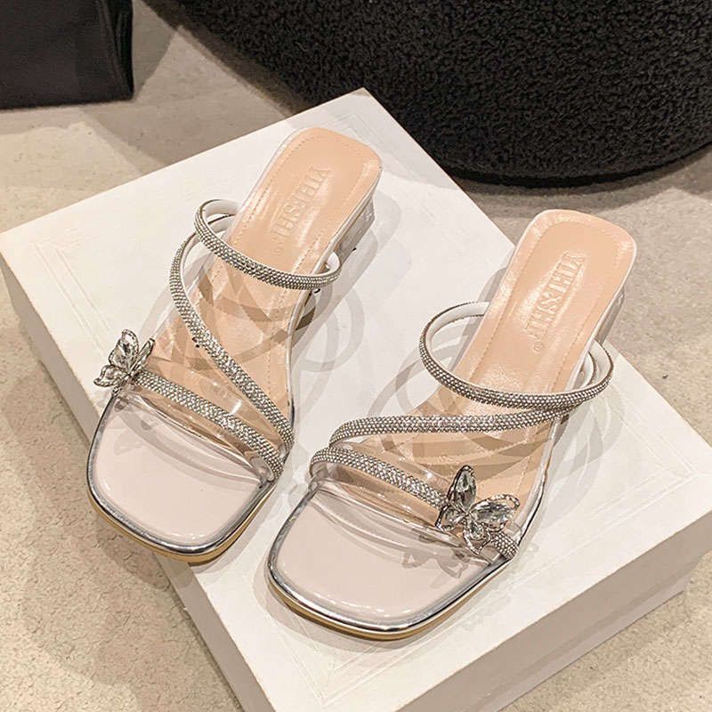 French Thick-heeled Slippers Women's Summer Wear 2025 New Fairy Style Bow Rhinestone Temperament High-heeled Crystal Sandals