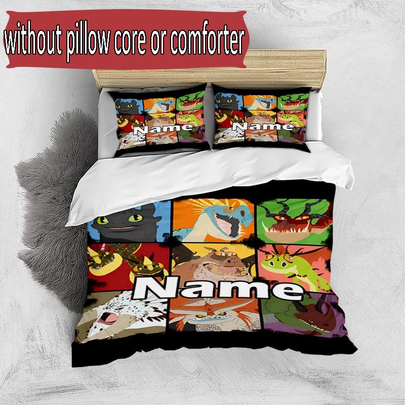 3pcs Duvet Cover Set (1*Duvet Cover + 2*Pillowcase, Without Core), Custom Name How to Train Your Dragon Pattern Bedding Set, Home Bedroom Decor Gift