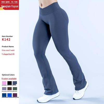 Pantalones de Yoga Acampanados Sin Costuras para Mujer DFYN con Cintura Acanalada y Diseño Cruzado en Forma de V