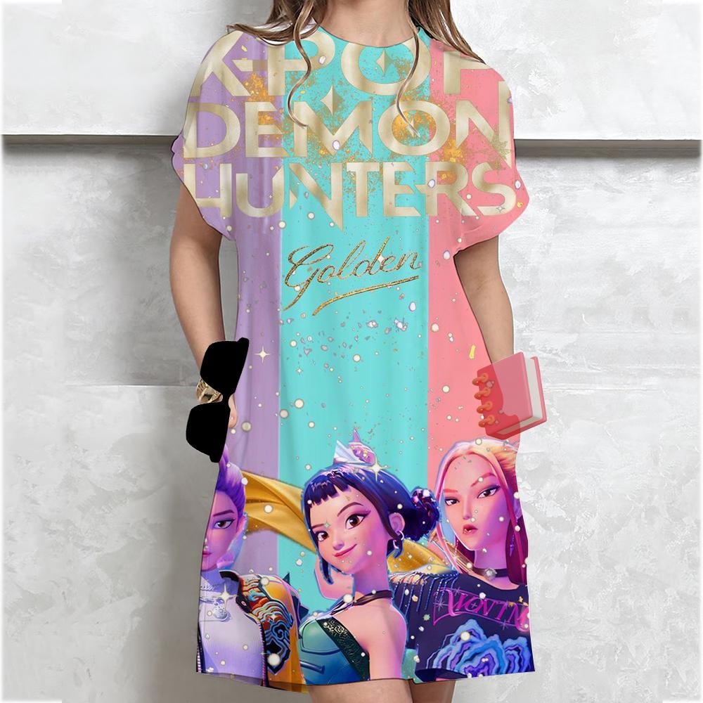 

Kpop Demon Hunters Huntrix Dress For Women Fashion Women Casual Floral Print Dresses Elegant V-Neck Loose A-Line Boho BeachDress 4XL