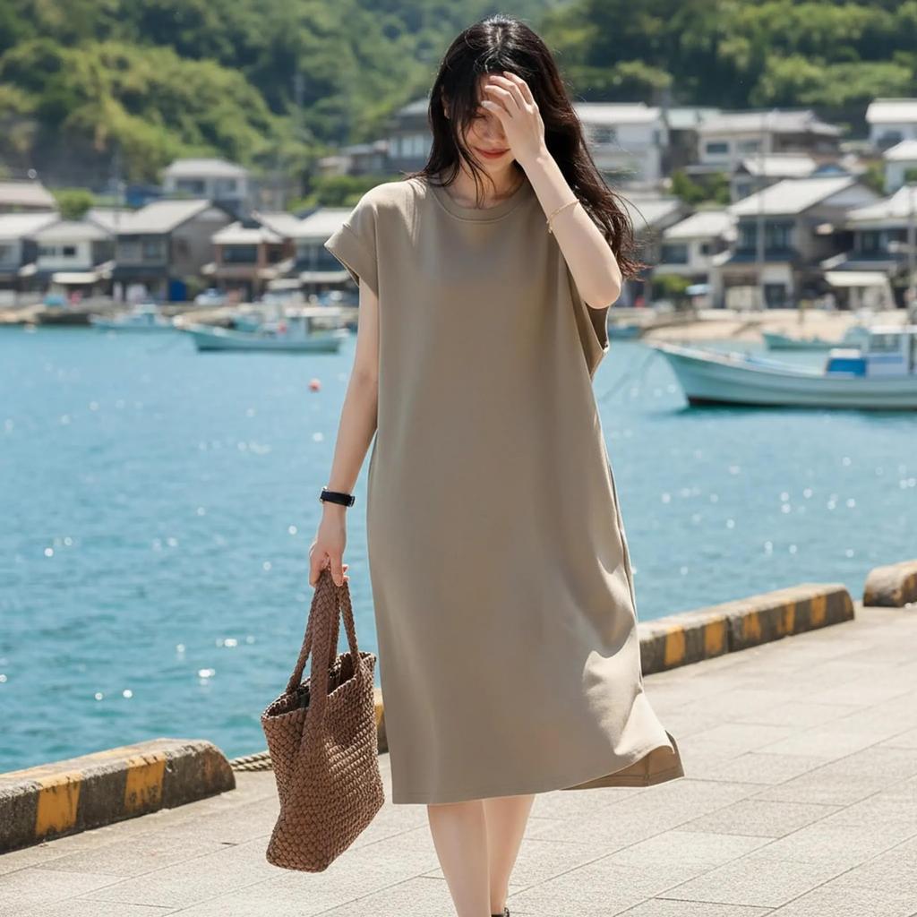 Slimming Solid Midi [GEMAKA] Women's Loose-Fit Dress, Figure-Flattering, T-Shirt Dress, Casual, Stylish, Simple, Breathable, Lightweight, Color,