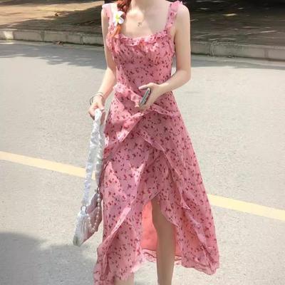 Summer Korean Sweet Print Ruffle Slit Midi Dress for Women