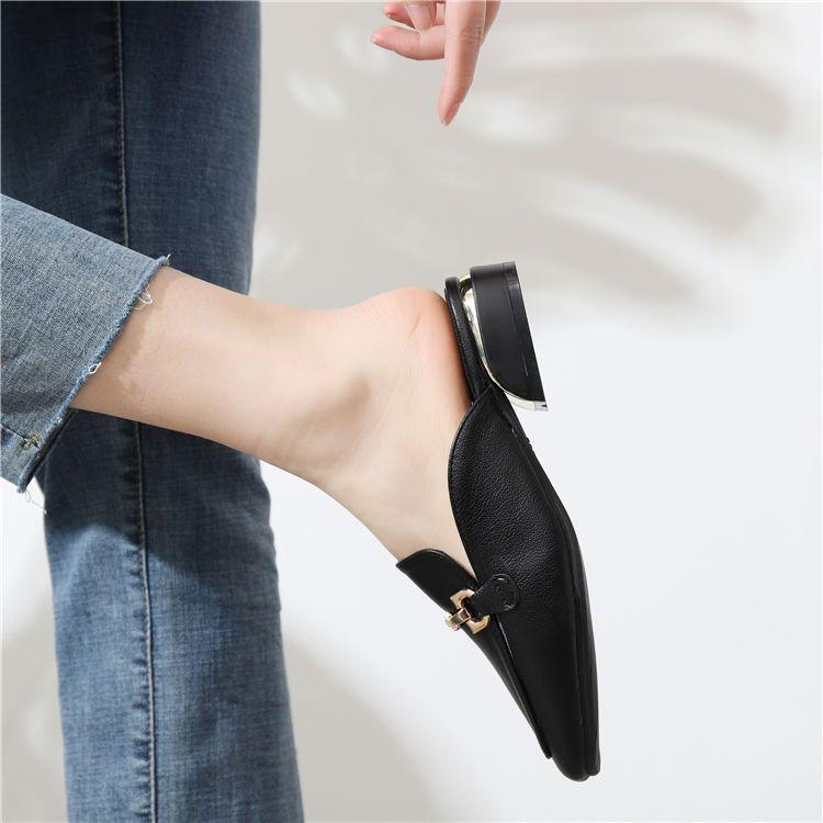 Fashion Black Job Low Heel Outside Leather Mules Nude Color Women's Slippers and Ladies Sandals Slides Shoes Small Size On Offer Trend F