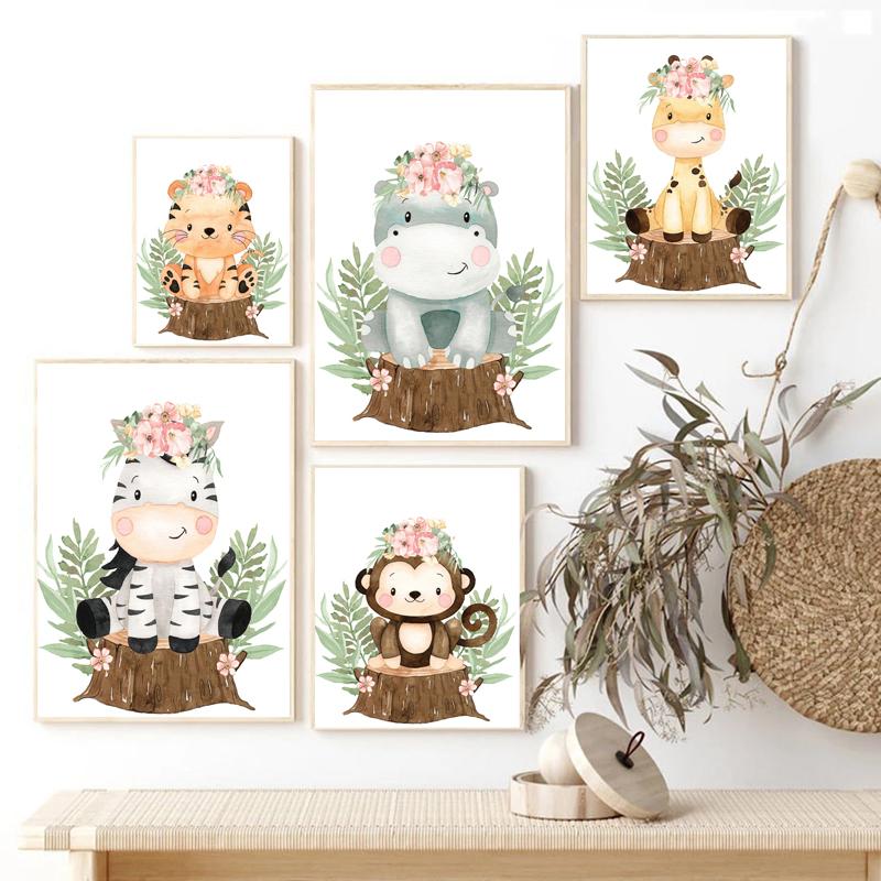 Cartoon Wearing Flowers Animal Leaves Nursery Wall Art Canvas Painting Posters And Prints Wall Pictures Baby Kids Room Décor No Frame