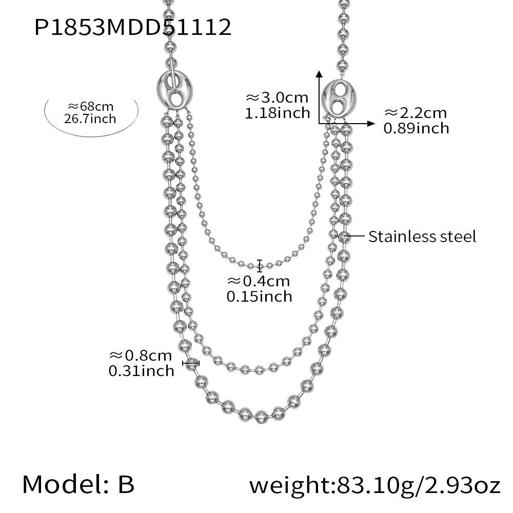 Two-tone Triple Layered Long Necklace In Stainless Steel 18k Gold Plated Beaded Sweater Chain Necklaces for Women