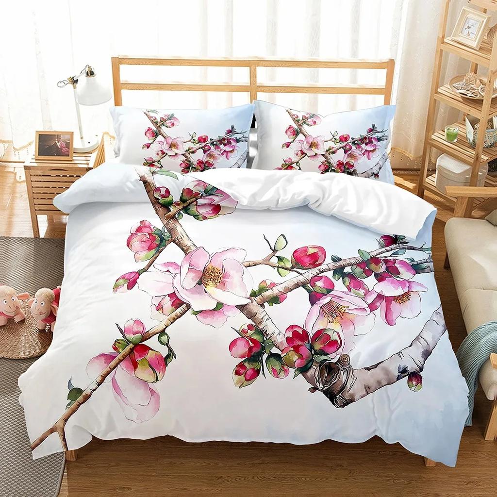 Plum Flower Duvet Cover Set Red Flower Pattern Bedding Set for Girls Women Polyester Comforter Cover Quilt Cover King Full Size