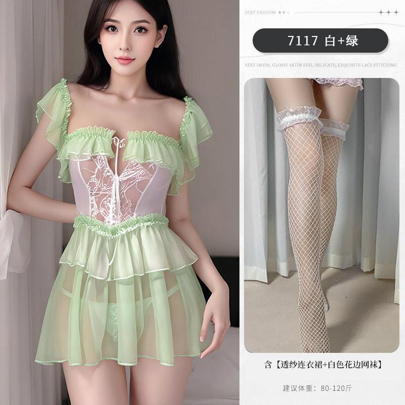 New Sexy Sexy Pure Desire Summer Sweet Girl Hip-revealing Strap Transparent Dress Elegant Nightdress Green Sweet Mini Dress 18J6
