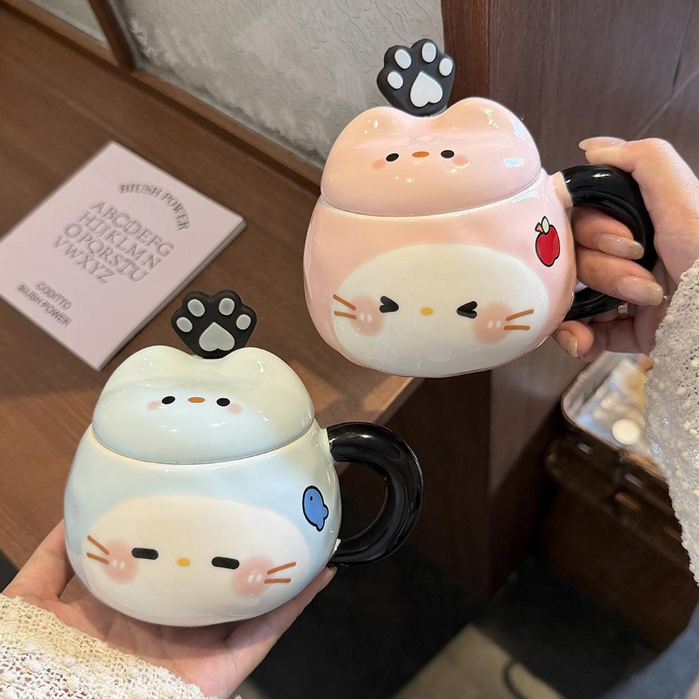 Katzenbecher mit Deckel Löffel hoher Wert Ins-Stil Paarbecher Keramik Trinkbecher für Mädchen Geburtstagsgeschenk