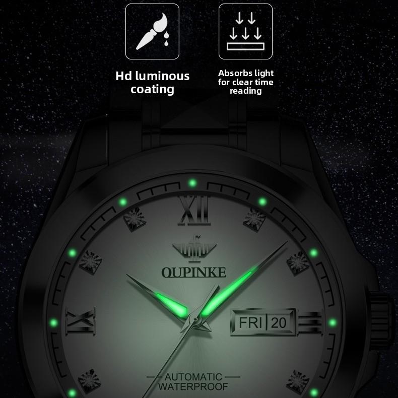 OUPINKE Brand Watches, Fully Automatic Mechanical Watches, Stainless Steel Business Double Calendar Men's Watches