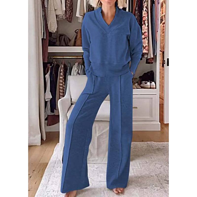 Women's Autumn  Winter Casual V-neck Long-sleeved Loose Top and Wide-leg Pants Two-piece Suit