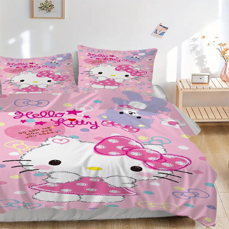 3pcs Hello Kitty's Pink Adventure Bedding Set 1 Soft Quilt Cover + 2 Pillowcases, Machine Washable Suitable for All Seasons, Perfect Gift S045