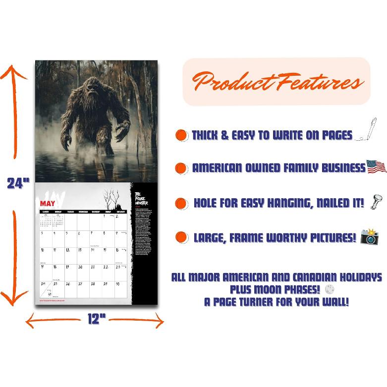 2026 Monsters & Mysteries Calendar - 12" x 12" - Featuring famous Cryptids & Urban Legends from around the world!