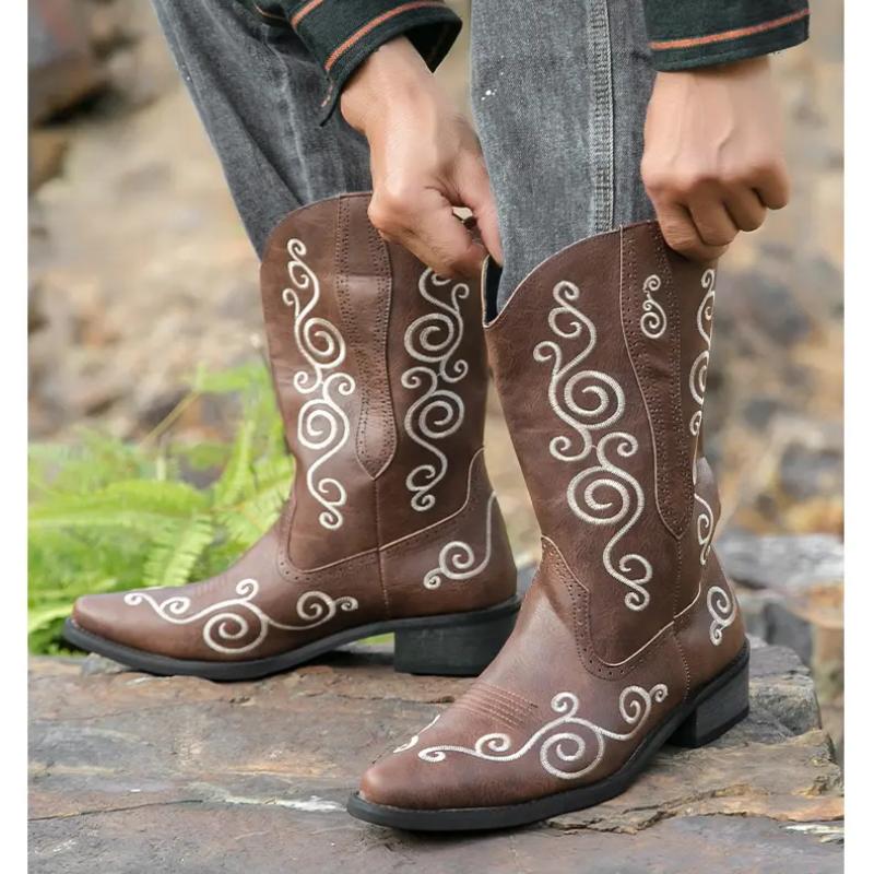 Hand Embroidered Western Cowboy Boots Men's Boots Western Cowboy Boots  Embroidered Sleeve Boots Retro Square Boots