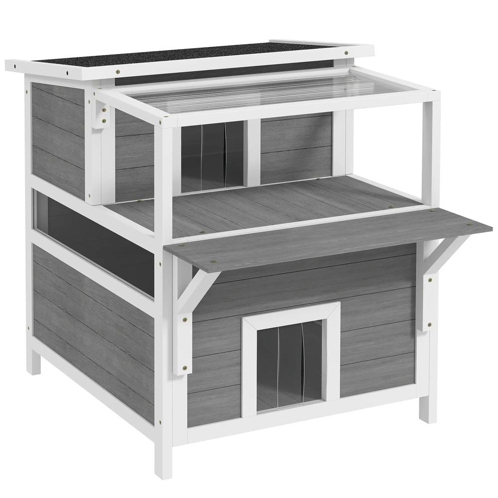 PawHut 2 Level Cat House with Sheltered Balcony, Openable Roof, Outdoor, Indoor, Light Gray