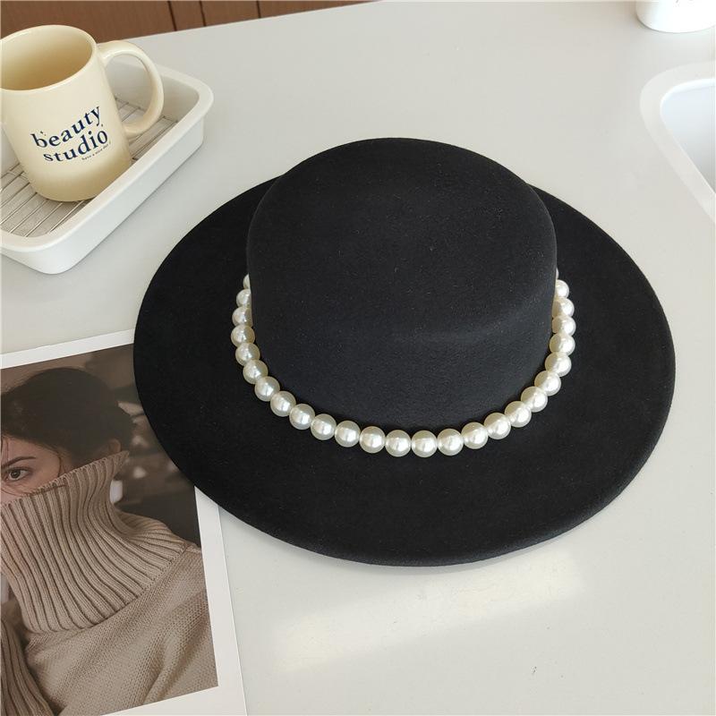 Retro New Pearl French Woolen Top Hat Big Brim Autumn and Winter Socialite Hepburn Black British Hat Flat Top