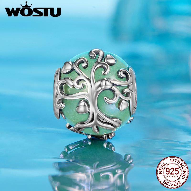 WOSTU 925 Silver Natural Gems Amethyst Energy Pendant Drop Amazonite Charm Clover Tree Evil Eye Bead Fit Bracelet Mom DIY Gift