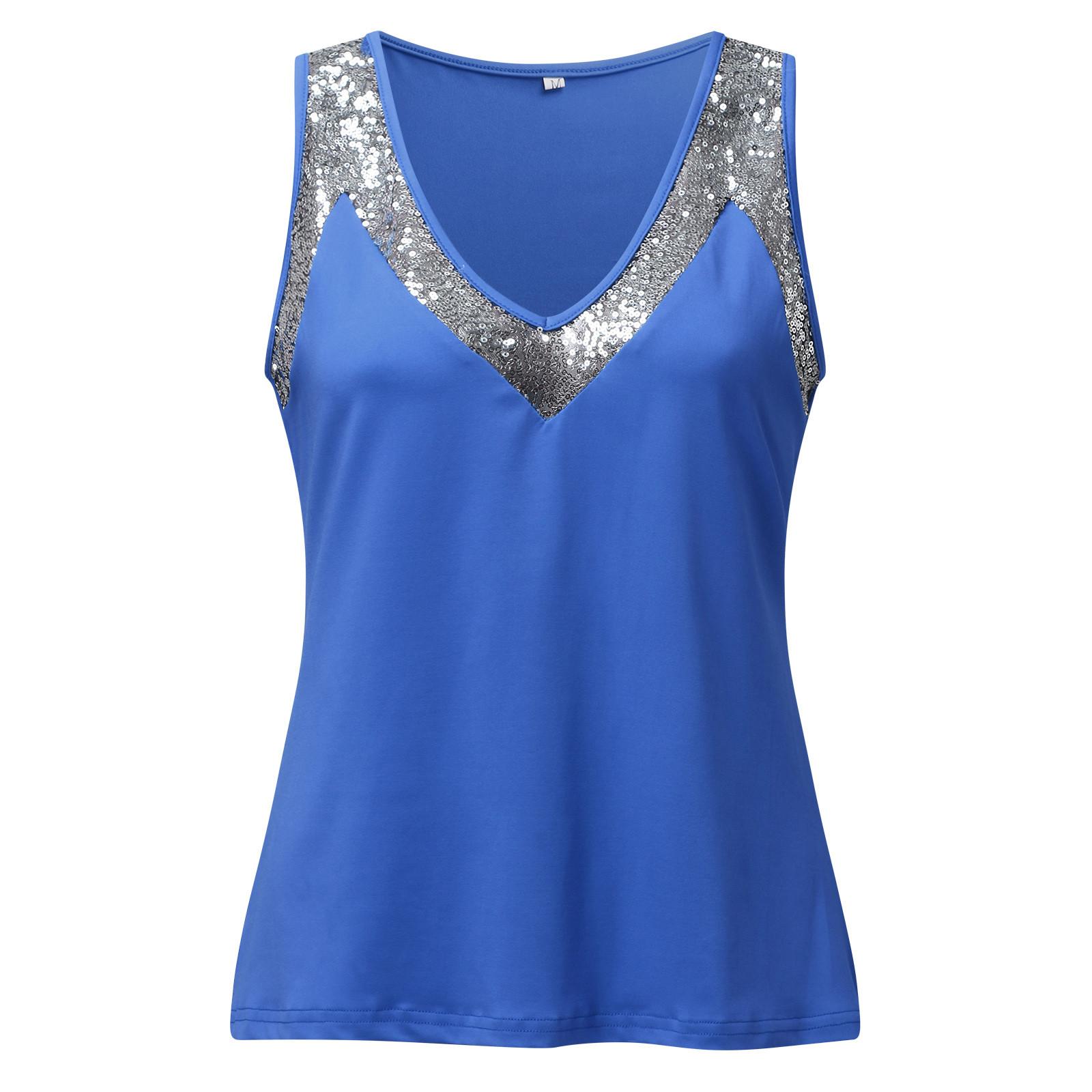 

Летние женские топы на бретелях с блестками в стиле пэчворк, рубашки без рукавов с v-образным вырезом для женщин, модные свободные футболки, повседневная рубашка, пуловер 2023 M синий