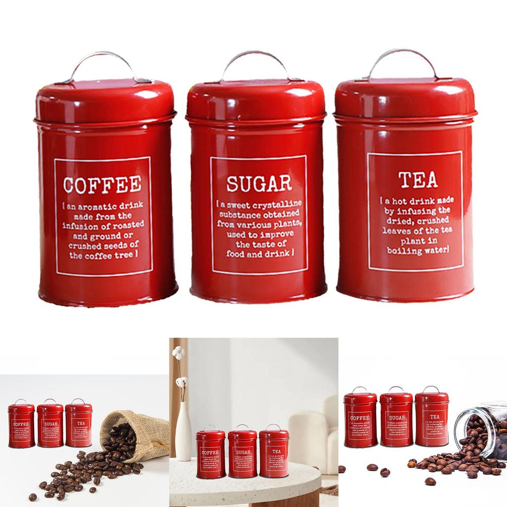 3pcs Vintage Style Tea Coffee Sugar Canisters Jars Pots Tins with Bamboo Lids