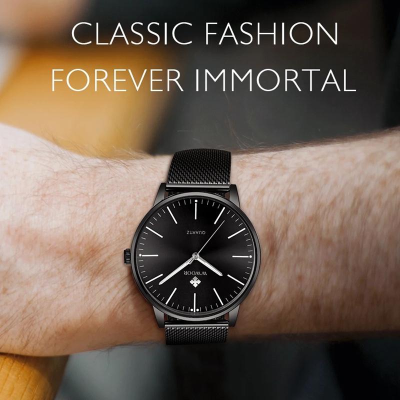 WWOOR Gold Watches Ultra Thin Simple Men Quartz Watches Waterproof Mesh Belt Full Stainless Steel Wristwatch