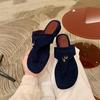 Sheepskin~ navy blue Korean version of flip-flops women's summer wear flat-bottomed leather beach fringed toe cool slippers