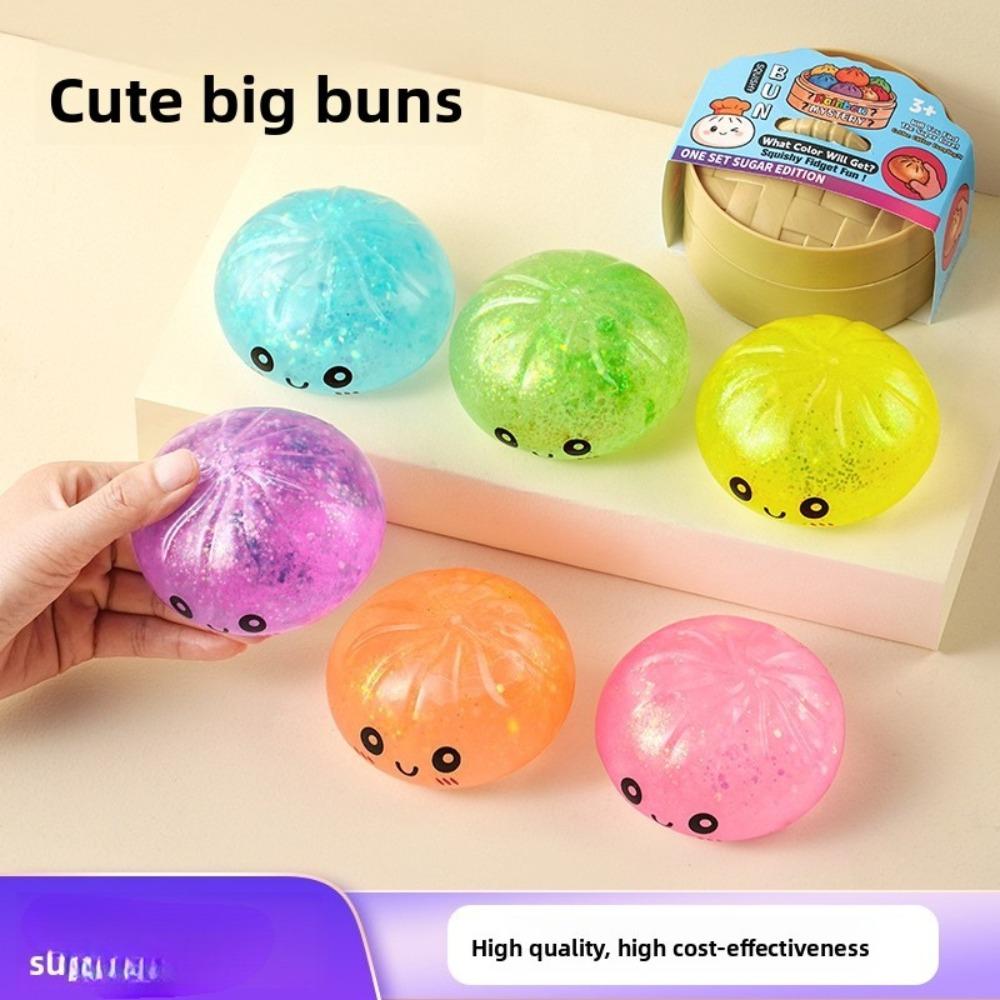 Cartoon Smiley mit Glitzer gefülltes Squishy Brötchen Spielzeug, Langsam zurückfederndes Fruchtmarmeladen-Stressabbau-Brötchen mit Farbkastenverpackung