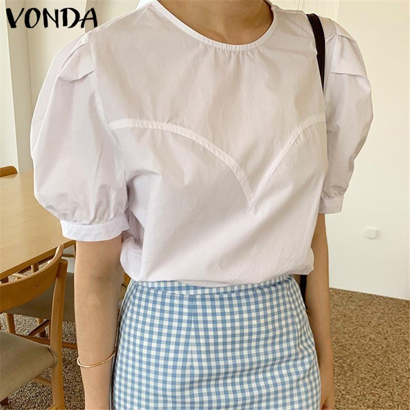 

Летние женские однотонные топы с короткими рукавами-фонариками VONDA