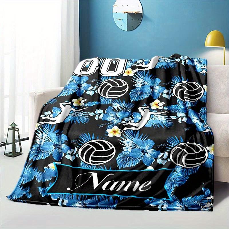 Blue Flower Volleyball Customize Your Name Blanket Used For Chair Office Sofa Bed Camping Soft And Warm Giving Friends And Relatives Birthday