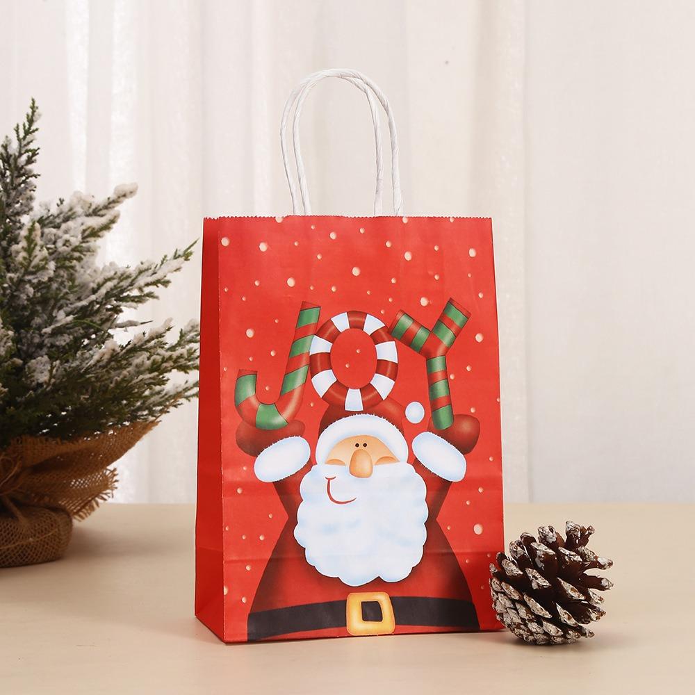 6Pcs Merry Christmas Kraft Paper Bags Santa Claus Red Paper Candy Biscuit Bags Elk Snowflake with Handle Gift Packaging Bags