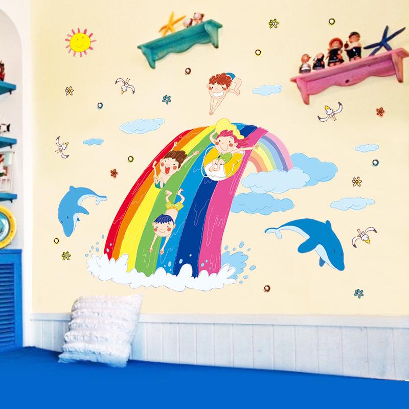 Rainbow Sea Waves Cartoon Wall Stickers Waterproof Eco Friendly PVC Decal for Kids Room Bedroom Wall Decor