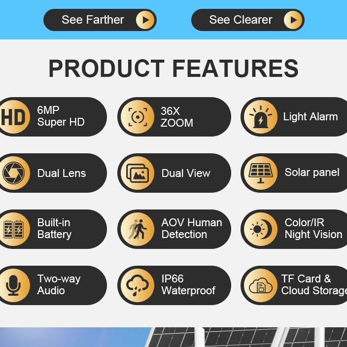 Solar Outdoor PTZ Camera with 36x Zoom & Dual-Screen Humanoid Tracking